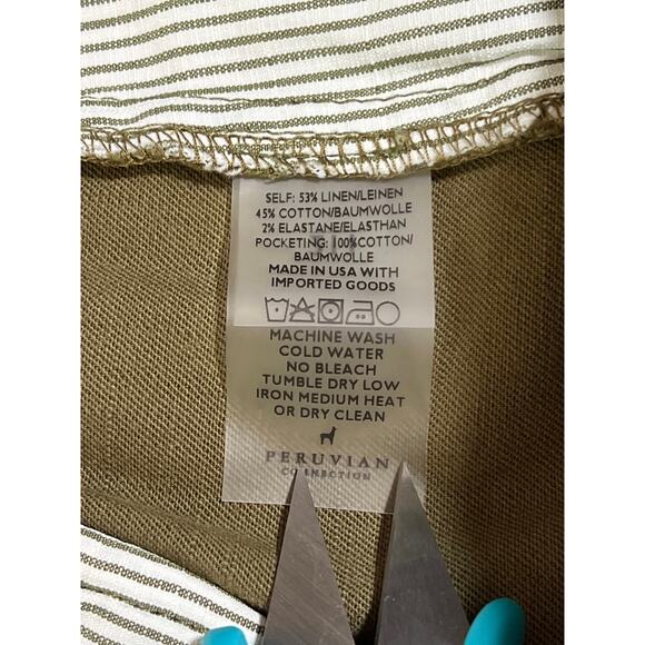 Peruvian Connection Pants Women's 8 Olive Linen Blend Taper Trousers USA Pockets - Picture 5 of 10